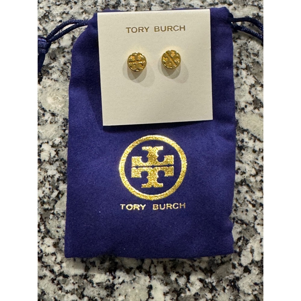Tory Burch Miller Stud Earrings Gold Tone Double T Logo Circle Jewelry W Pouch